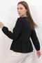 Women's Round Neck Gathered Waist Ruffled Lace-Up Black Blouse - 4