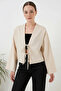 Women's Collared Front Tie Front Linen Cream Kimono - 3