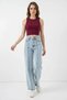 Women's Crew Neck High Waist Denim Blue Trousers with Stitching Detail - 4