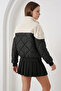 Women's High Collar Quilted Puffy Ecru Coat - 6