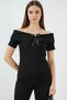 Women's Off Shoulder Black Blouse with Ribbon Detail - 3