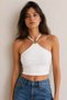 Women's Halter Neck Metal Ring Detailed Ribbed Crop Blouse - 3