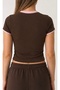 Women's Brown Contrast Ribbed Flexible Ribbed Fake Sleeve Tshirt - 3