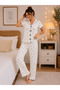 Women's White Heart Patterned Buttoned Pajama Set Long Leg Home Wear