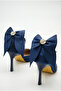 Women's Stoned Bow Detailed Ankle Strap Navy Blue Satin Stiletto Pointed Toe Thin Heeled Evening Dress Shoes - 4