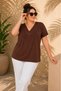 Women's Coffee Color Plus Size V-Neck Row Bead Embroidered Stretchy Short Sleeve Viscose Blouse