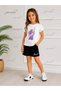 Summer Lilac Ribbon and Love Printed Girls' Black Shorts and White T-Shirt Set