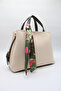 Women's Cream Khaki Large Size Inner Pocket Double Handle Scarf Detailed Useful Cross Strap Hand and Shoulder Bag - 3