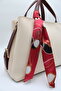 Women's Cream Burgundy Large Size Inner Pocket Double Handle Scarf Detailed Useful Cross Strap Hand and Shoulder Bag - 7