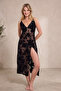 Black Slit Floral Tulle Knitted Nightgown