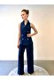 Stylish Gold Button Detailed Shawl Collar Vest and Navy Blue Trousers Set - 6