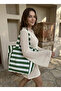 Premium Green Striped Fabric Women's Shoulder Bag with Pockets - Waterproof Fabric