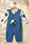Nafitto Baby Sage Blue Waffle Knit Teddy Bear Salopet and Patterned Bodysuit Set - Cotton Texture 3-9 Months - 2