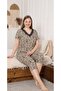 Mooda Women's Large Size 100% Viscose Leopard Patterned Lace Detailed V-Neck Lycra Viscose Capri Pajama Set - 3