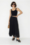Women's Black Elastic Waist Crush Effect Lined Flounce Long Skirt De261022 60286318 - 4