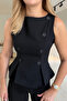Back Zipper Button Detail Black Blouse - 2