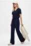 Women's Elya Modal Touch V-Neck Elastic Waist Pocketed Navy Blue Top and Bottom Set - 3