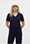 Women's Elya Modal Touch V-Neck Elastic Waist Pocketed Navy Blue Top and Bottom Set - 2