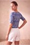 Women's Blue Patterned Jacquard Regular Fit Wide Crew Neck Half Sleeve Crop Blouse Jana - 4