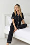 Piping and Button Short Sleeve Pajama Set 4626-Black - 3