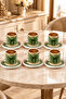 6-Person Ribbon Patterned Porcelain Turkish Coffee Cup Set with Bow Detail - Green - 3