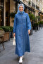 Women's Buttoned Dark Blue Denim Hijab Dress - 5