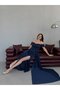 Navy Blue Off-Shoulder Draped Glittering Long Evening Dress - 4