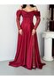 Burgundy Boat Neck Underwire Lace Detailed Long Evening Dress - 6