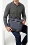 Navy Blue Men's Laptop Briefcase Slim Briefcase Hand Shoulder Office Bag with Three Pockets - 7