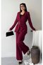 Women's Double Buckle Belt Detailed Wide Leg Suit Pants Burgundy