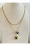 Serenay Double Necklace (Wicker and Green Zircon Stone Baguette Necklace with Blue Glass Beads) Leyla Multiple Necklace - 2