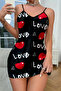 Love patterned black satin nightgown