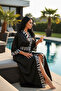 Black Zebra Detailed Long Satin Women's Kimono - 2
