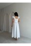 Women's White Square Collar Thick Strap Waist Belt Detailed Ruffle Sleeve Maxi Length Evening Dress - 3