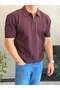 Men's Openwork Detailed Regular Fit Zippered Polo Collar Tshirt Claret Red Eca081 - 3