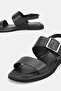 WOMEN'S BLACK GENUINE NATURAL LEATHER STRAPPED BUCKLE FLAT SANDALS - 3