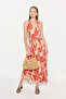 Floral Detailed Straw Bag with Wooden Accessories - Beige