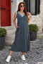 Women's V-Neck Stripe Detailed Long Viscose Dress with Pockets - 2