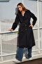 Women's Double-Breasted Collared Black Trench Coat with Belt