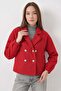 Women's Double-Breasted Collar Crop Double-Button Cotton Red Jacket - 3
