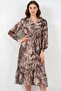 Women's V-Neck Gathered Waist Patterned Chiffon Light Beige Dress