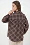 Women's Oversize Checkered Patterned Viscose Brown Shirt - 5