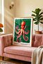 Octopus Painting Red Green Ocean – Modern Illustration Art Poster – Framed on Wood