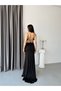 Black thin strap draped slit long evening dress - 6
