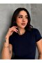 Women's Navy Blue Crew Neck Short Sleeve T-Shirt with Stretch Fabric - 2