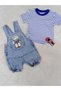 Baby Boy Teddy Bear Detailed Gardener Denim Overalls and Striped T-Shirt Set - 2