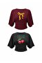 Women's 2-Piece Bat Sleeve Basic Tight Crop Blouse %100 Cotton Lycra Wide Sleeve Crew Neck Waist-Fitting Viscose Blouse