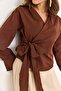 Women's Double-Breasted Collar Brown Shirt with Side Belt - 5