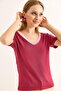 V-Neck Short Sleeve Women's Short Tshirt Burgundy - 3