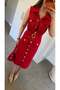Front Gold Buttoned Belted Dress Red - 4